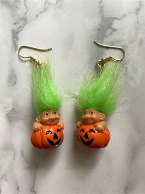 Vintage Halloween Troll Doll Earrings RUSS Pumpkin Jack O Lantern